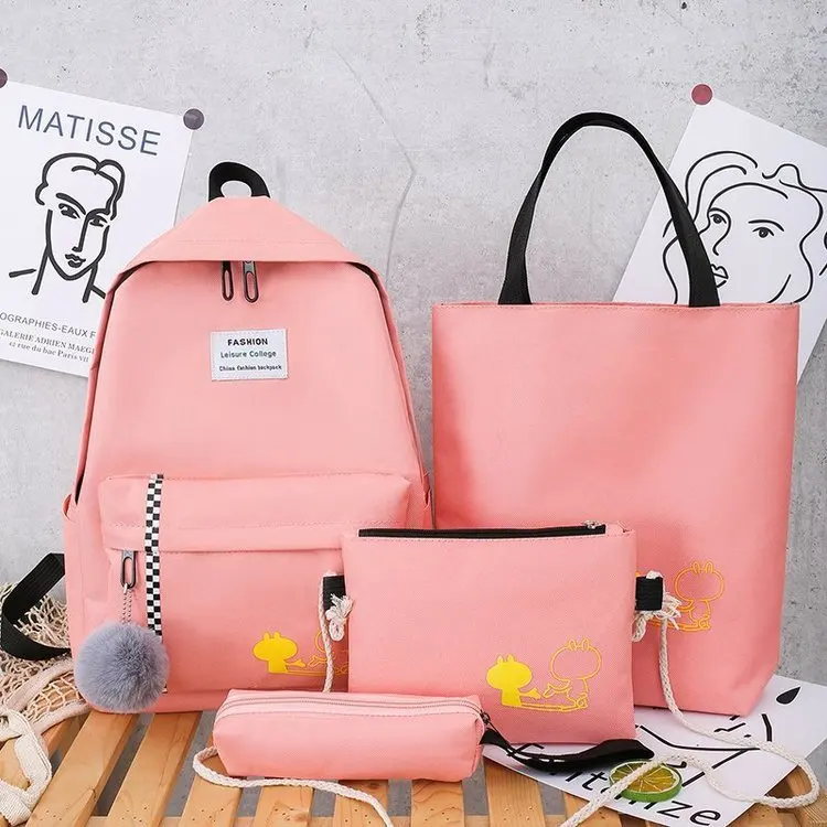 

2021 Animal Printing 4 Pieces Princess Style Canvas Book bags Middle School Backpack School Bag Set for Teen Girls, Many colors