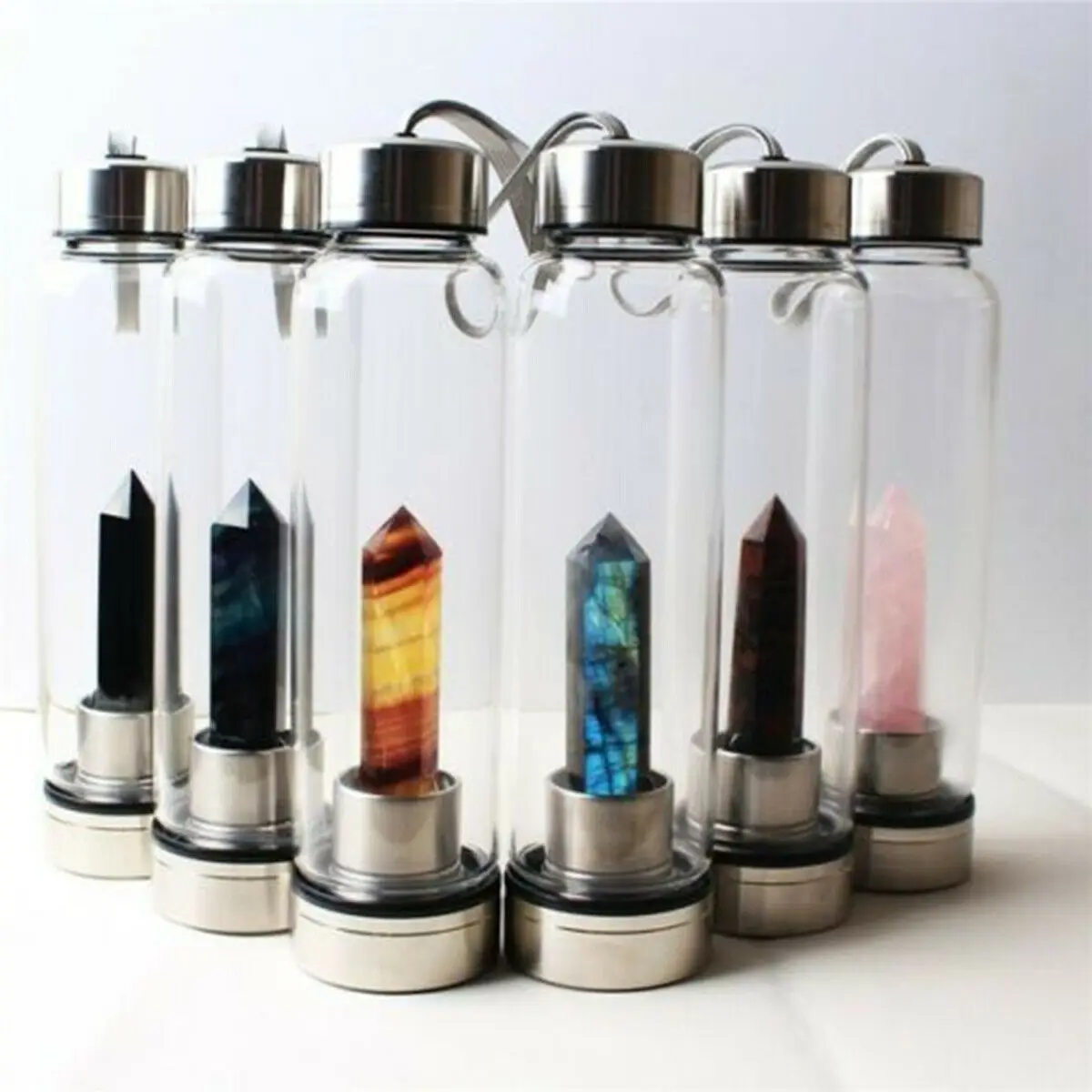 

Wholesale natural gemstone big water bottle Glass juice bottle with crystal