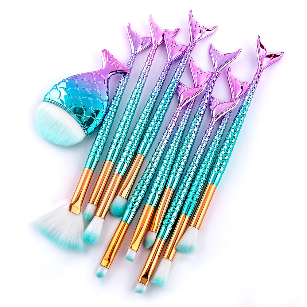 

Popular Makeup Brushes 11PCS Make Up Foundation Eyebrow Eyeliner Blush Cosmetic Concealer Brushes Mermaid Colorful, Pink, green, blue or customized color