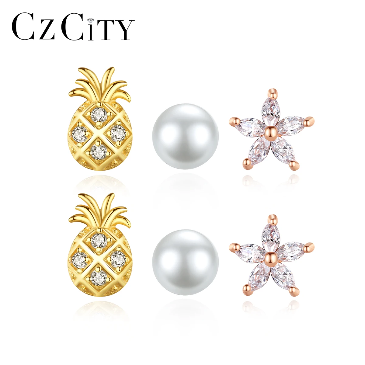 CZCITY Earings Studs Set Women and Flower Freshwater Pearl Jewely S925 Sterling Silver Earrings Set