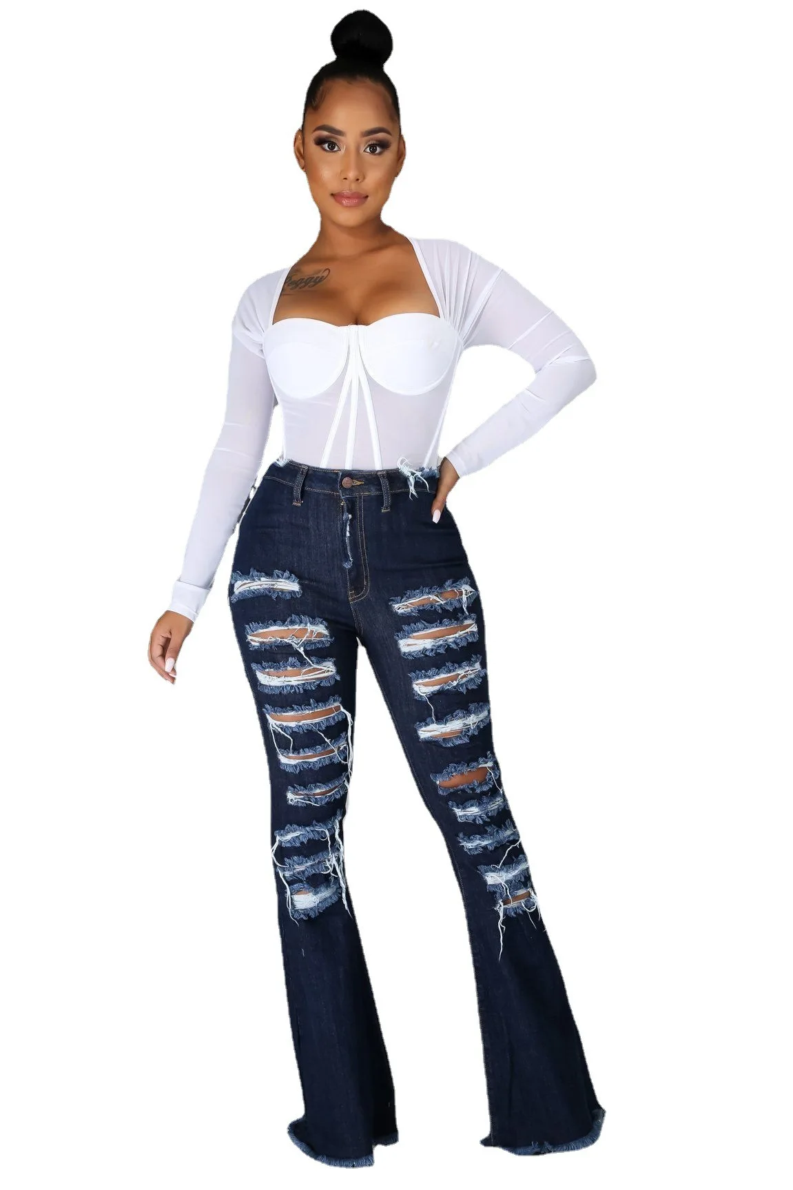 

Wholesale Jeans Women Ladies Full Length Ripped Jeans Pants Summer Women Jeans Denim Flare Pants