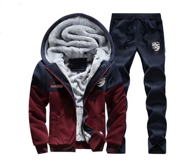 

Causal Tracksuits Men Set hooded Thicken Fleece Baseball Uniform