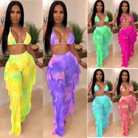 

MOQ 1PC FC-OY5117 Mature Women's digital print mesh three-piece set swimsuit sexy swimwear 2019