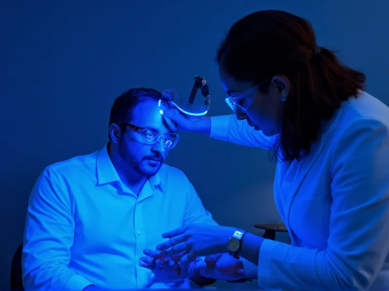 Dermatologist examining skin under UV light