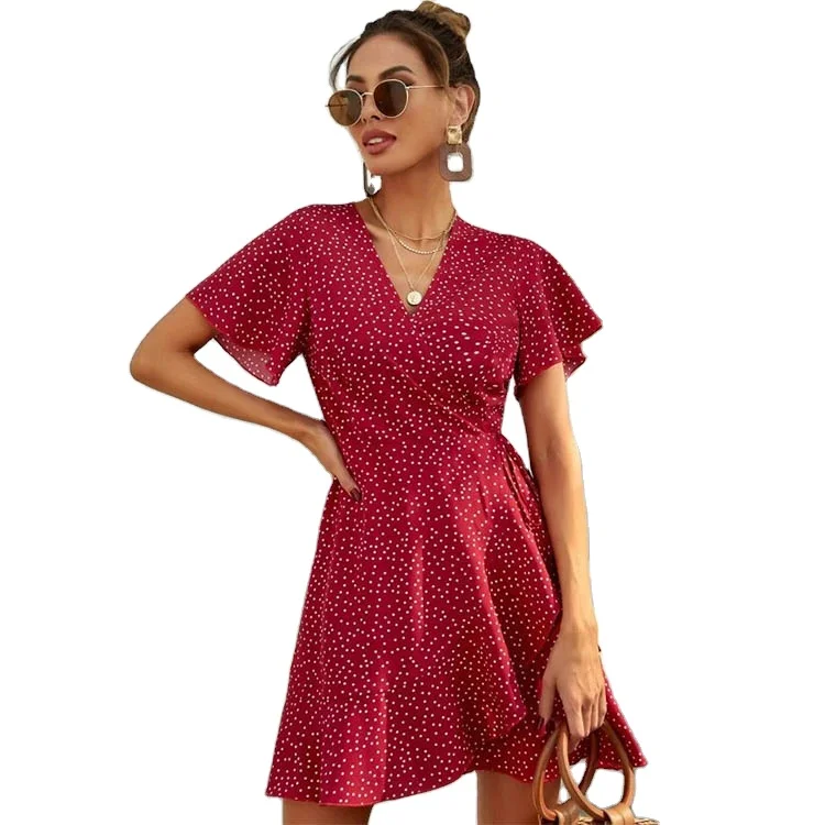 

2021 New Arrivals Bulk Supplier Summer Beach Long Casual Sheines Try Free Clothes Polka Dot Knot Side Wrap A-line Women Dress