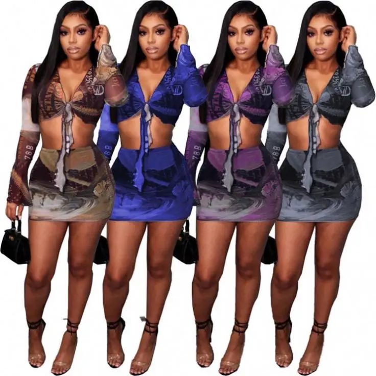 

MISSMOEN New Arrival Long Sleeve V-neck Women Clothes 2021 Summer Short Two Piece Skirt Set