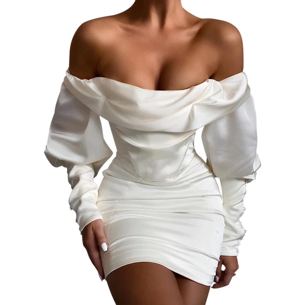 

JillPeri Off Shoulder Satin Puff Long Sleeve Boutique Cloth Office Satin Corset Bocydon Party Dress, Ivory