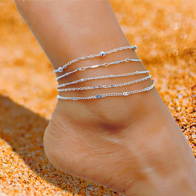 

Fashion 2024 Summer Beach Style Multilayer Anklet 5 PCS Chain Set Handmade Anklets Foot Jewelry For Women
