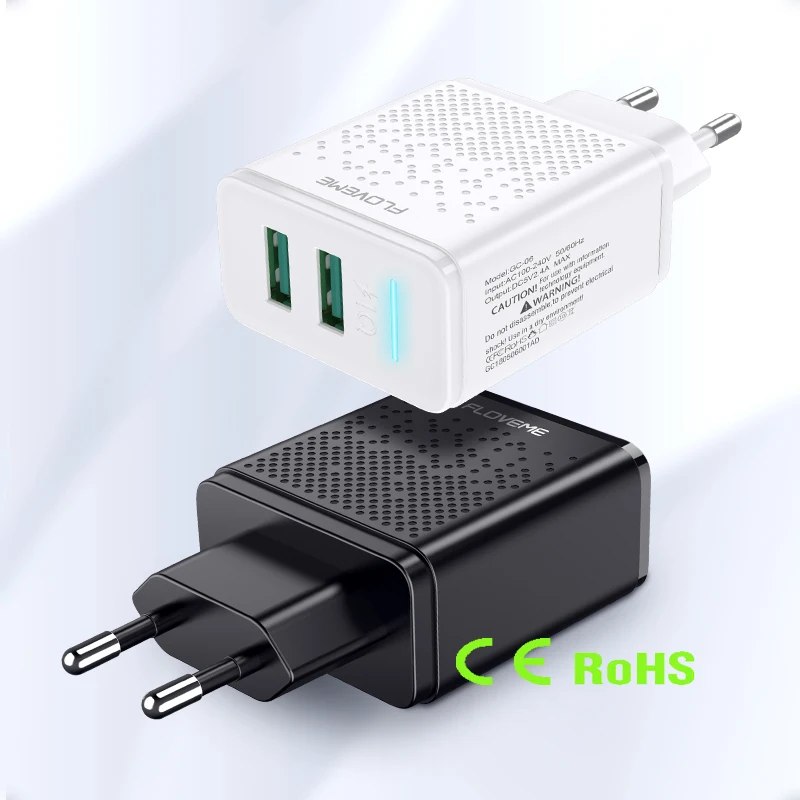 

Free Shipping 1 Sample OK Dual USB Ports Mobile Phone Charger FLOVEME Cell Phone Travel Wall Charger EU Plug Adapter