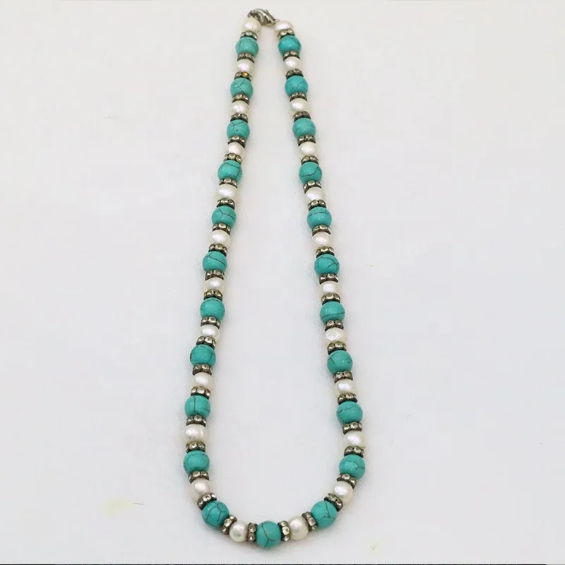 

Amazon Trendy CZ jewelry turquoise beaded 7-8mm Freshwater Pearl Beaded Necklace for women