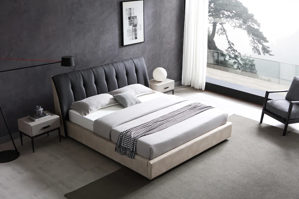 Simple design grey wood double king size modern fabric bed