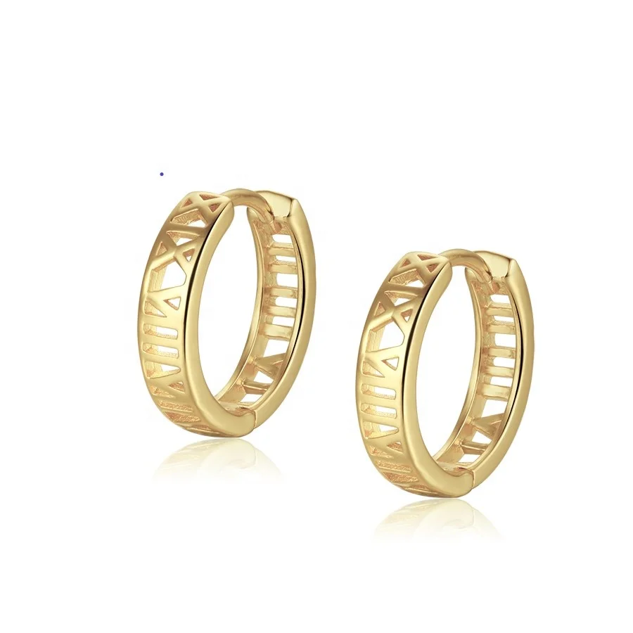 

Vintage 925 Sterling Silver Earring Gold Huggie Earrings Design Gold Plated Custom Women Roman numerals Fashion Hoop Earrings