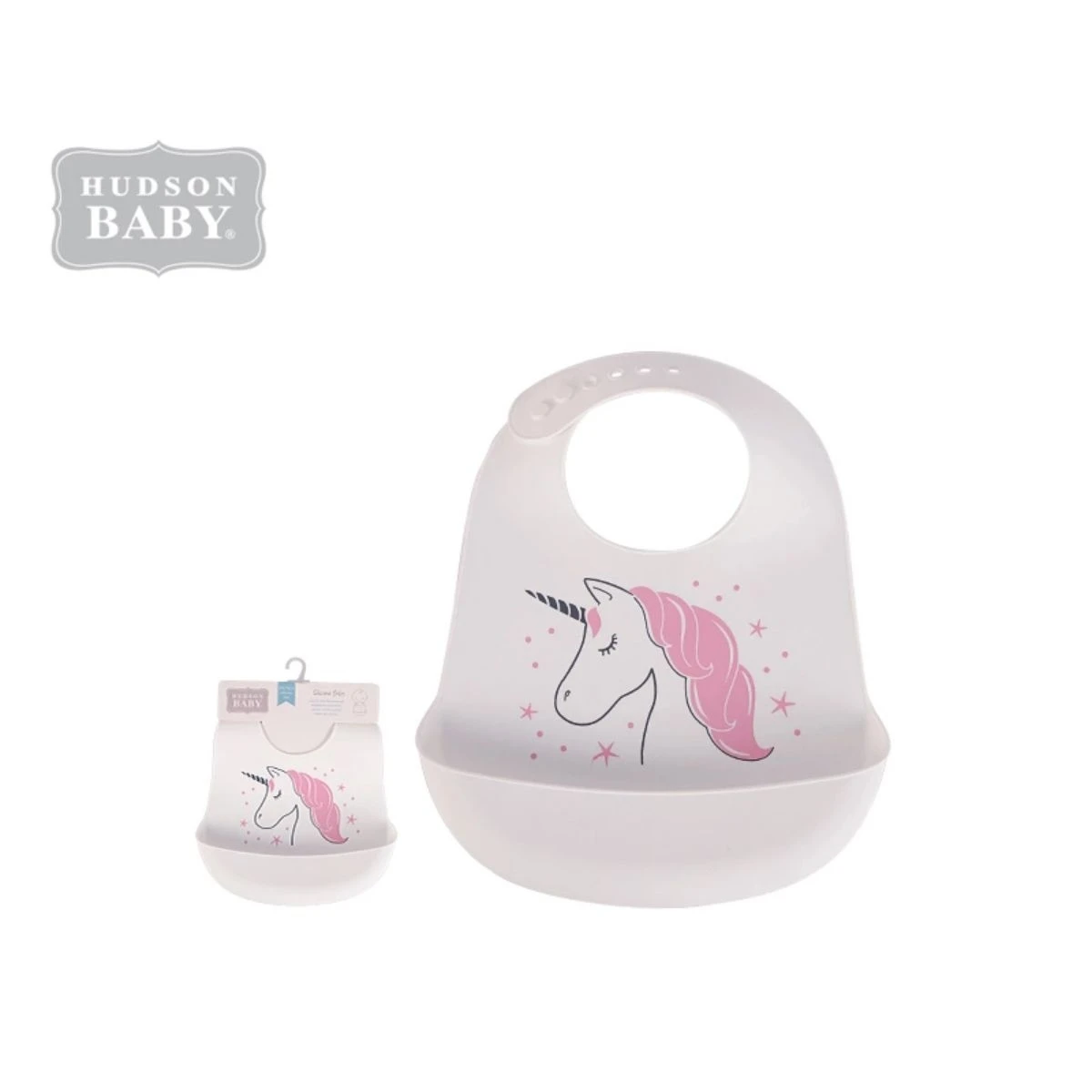 

Hot Sale Hudson Baby Printed Unicorn Waterproof Silicone Baby Bib With Catcher, White