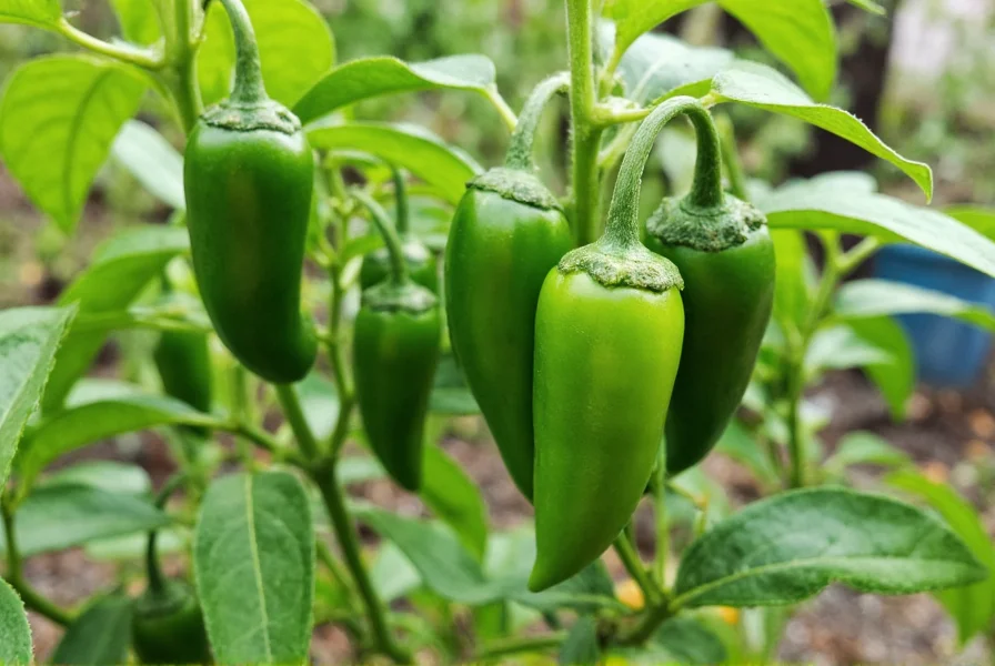 Serrano pepper plants growing in a garden with multiple green peppers visible on the bush