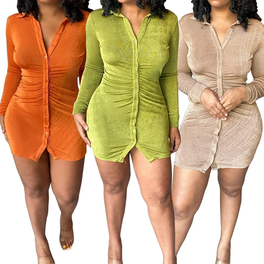 

SMD-82081 Sexy Tight-Fitting Women'S Pleated Hip Elastic Shirt Dresses Women Sexy