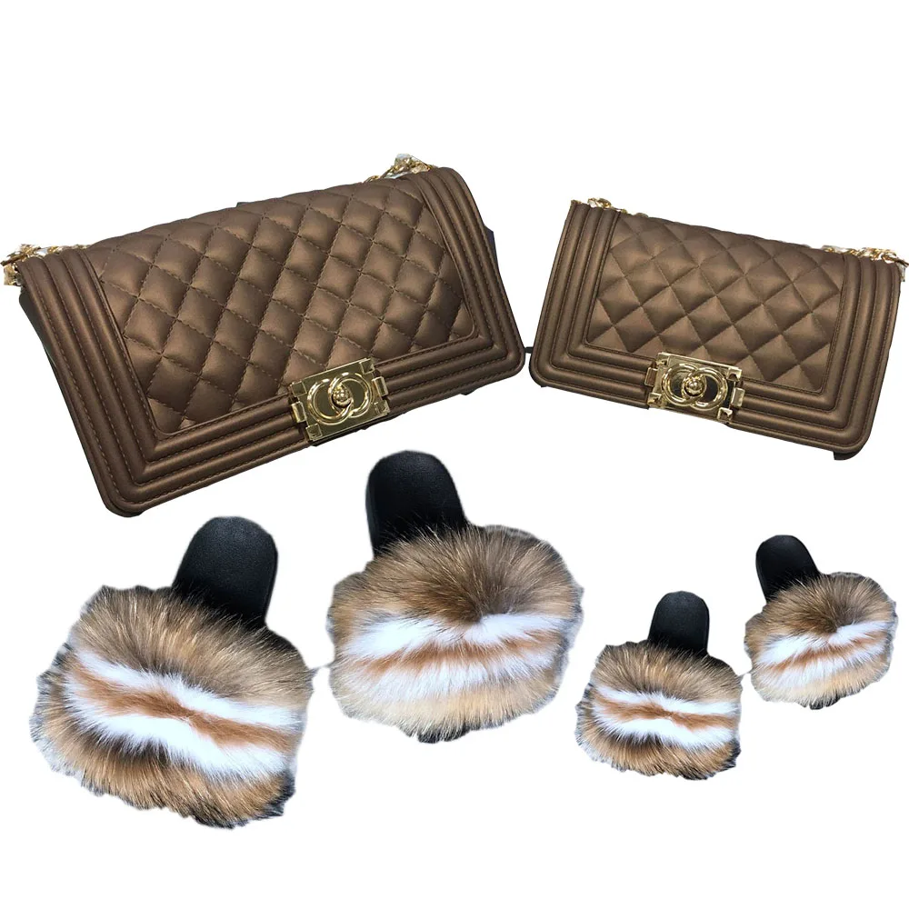 

Modern Daughter Furry Racoon Fox Slippers Mommy And Me Fur Slides Handbags Women Jelly Purse