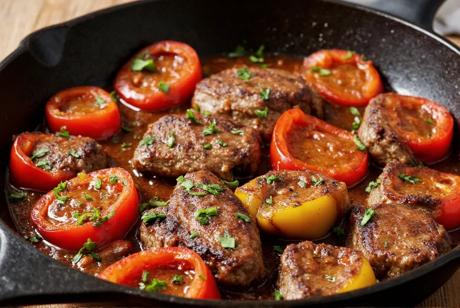 Perfectly seared pepper steak with vibrant bell peppers and glossy sauce in a cast iron skillet
