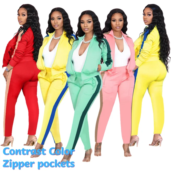 

HOBISH Design Unique Women Color Block Tracksuit 2 Piece Outfits Casual Long Sleeve Full Zip Jacket And Joggers Set