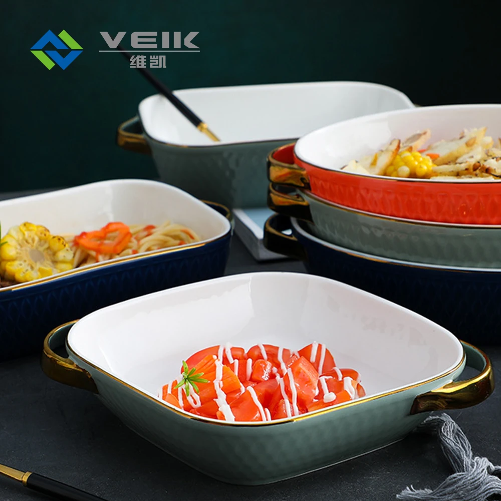 

Gold And White Rectangular Bead Baking Dish Ceramic Salad Bowl with Handle Porcelain Soup Bowl, Blue/orange/green