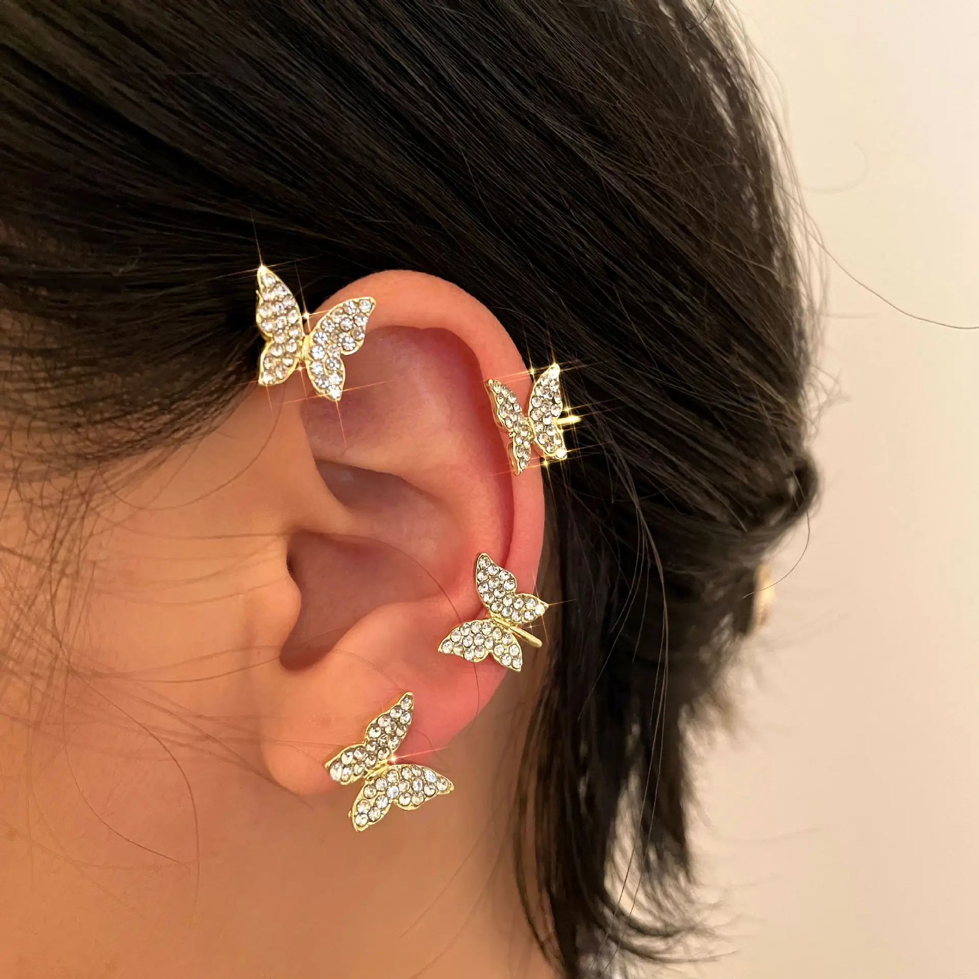 

Women Sparkling Zircon Silver Plated Metal Butterfly Ear Cuff Earrings Without Piercing For Wedding Jewelry, Picture shows