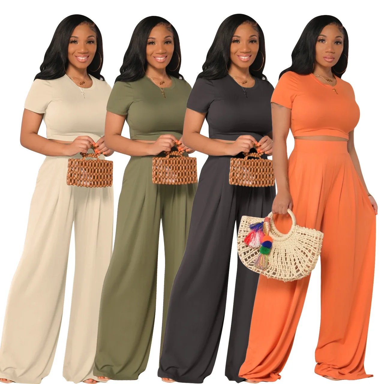 

YD8381 Fashion solid color all-match casual short-sleeved wide-leg women summer two piece sets