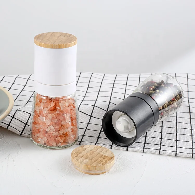 

Plastic Top with Bamboo lid Stainless steel ring Ceramic core Pepper Salt and Spice Mill with 140ml glass jar