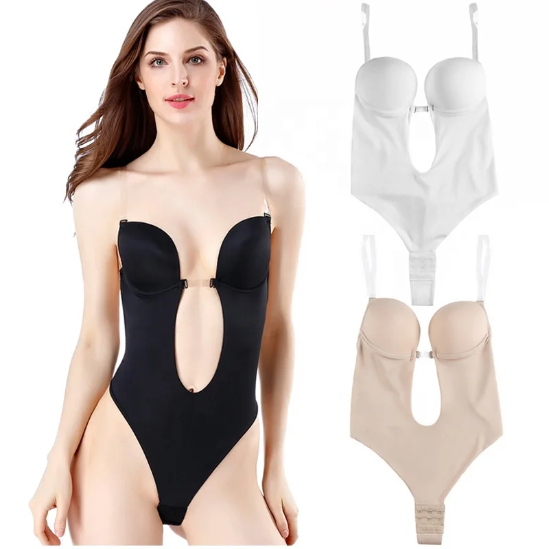 

Beautiful Transparent Ladies Girls Underwear Invisible Strap Deep Sexy Backless Full Body Shaper Thong Conjoined Bra, Black,nude