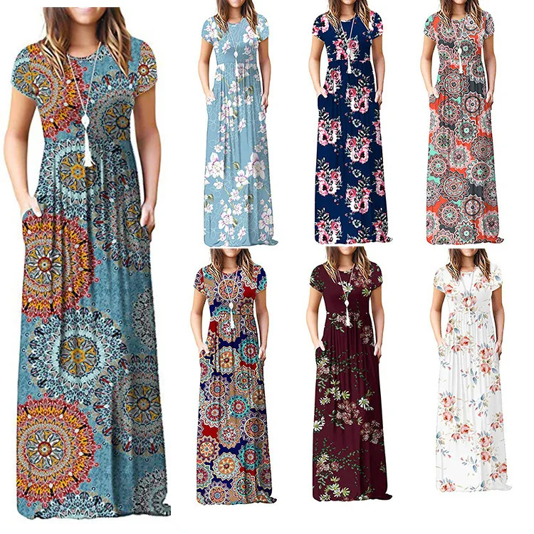 

Stock Women Long Sleeve Loose Plain Maxi Pockets Dresses Casual Long Dresses