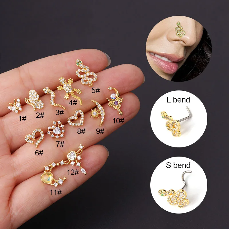 

New Fashion 316L Surgical Stainless Steel Cz Nose Ring Indian Screw Nose Stud Nose Piercing Jewelry For Women, Silver / gold