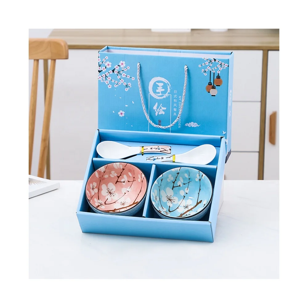 

4-piece ceramic Tableware with gift box 2-piece bowl and 2 piece spoon exquisite Japanese gift Plum pattern bowl