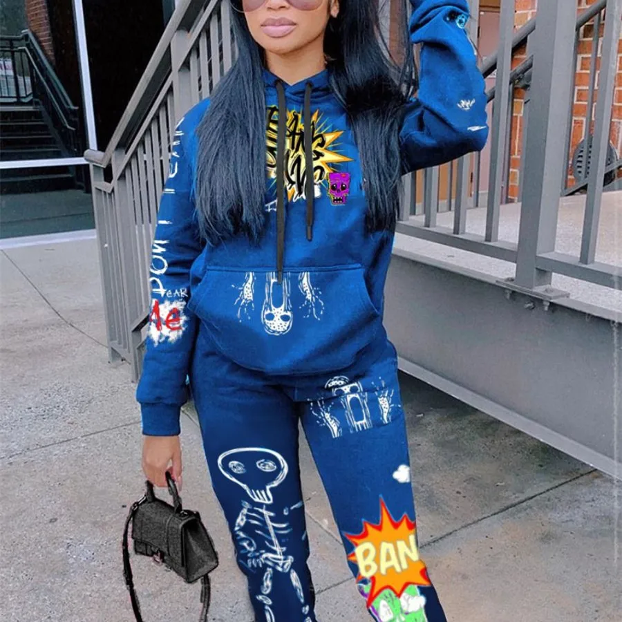 

2021 Fall Plus Size Print Two Piece Set Hip Hop Women's Long Sleeve Hoodie Jogging Set Workout Lounge Wear