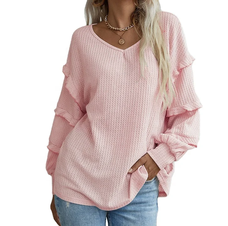 

Hot selling autumn puff sleeve v neck solid color waffle soft women pullover blouse, As picture