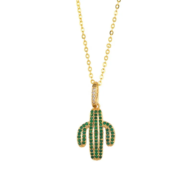 

New Style 18k Gold Plated Full CZ Stone Green Cactus Pendant Necklace For Women Gift