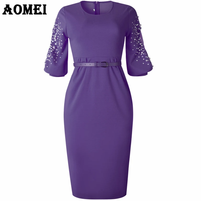 Slim Pink Puff Sleeve Waist Belt Package Hip Beading Lady Career Dress