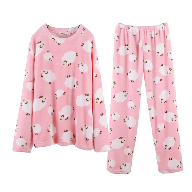 Winter Coral Velvet Cute Cartoon Long Sleeve Home Suit Autumn and Winter Thickened Flannel Lady's Nightwear
