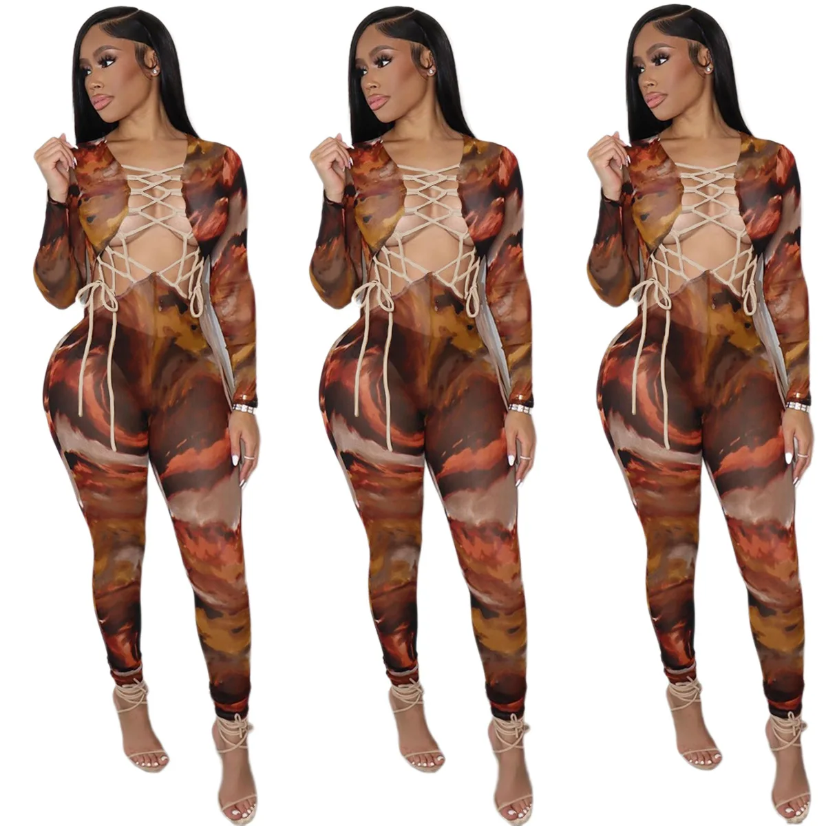 

2022 New Arrivals Long Sleeve Bandage Rompers Tie Dye Bodysuits Jumpsuit Gym Wear Rompers Women One Piece Mesh Jumpsuits, Picture shows