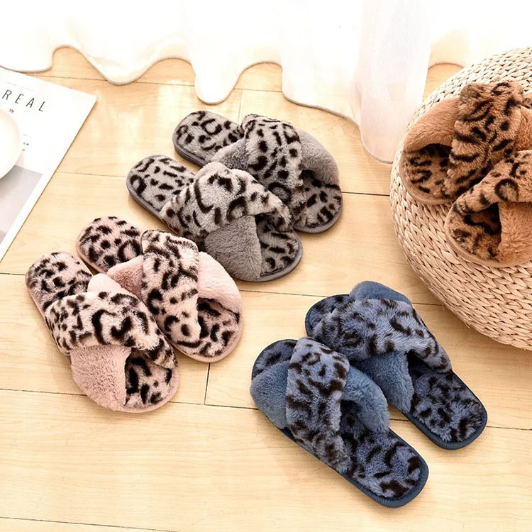 

MIO Autumn and Winter Hot Sale Indoor Women's Faux Fur Slippers Cross Slippers Leopard Print, Brown,blue,grey,pink