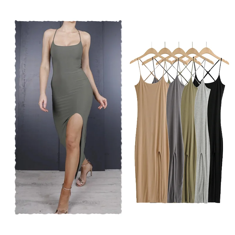 

Fashion Sexy Women Solid Color Hot Party Side Slit Dress Skinny Clubwear Maxi Bodycon Dresses