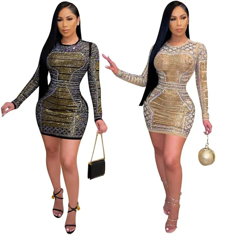 

Latest Design Long Sleeves Sequin Patchwork Girl Evening Bodycon Dresses 2022 Club Dress Women Mini Women Clothing Wholesale