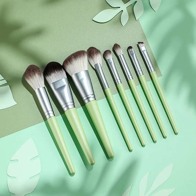 

Wholesale Beauty Tool Empty No Logo Wooden Handle Green Makeup Brushes Set, As picture