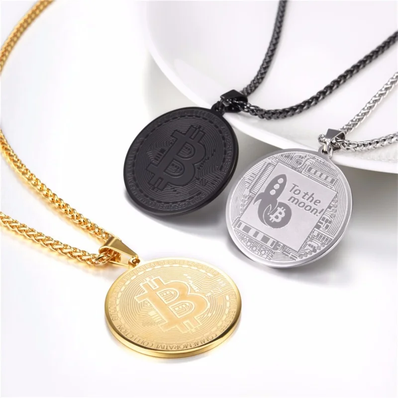 

Coin Medal Pendant Stainless Steel 18K Gold Plated Bitcoin Jewelry Digital Cryptocurrency Blockchain Bitcoin Necklaces, Custom coin pendant color