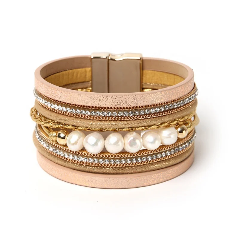 

Bohemian Custom Woven Multi-Layer Leather Fresh Water Pearl Beaded Bracelet For Women