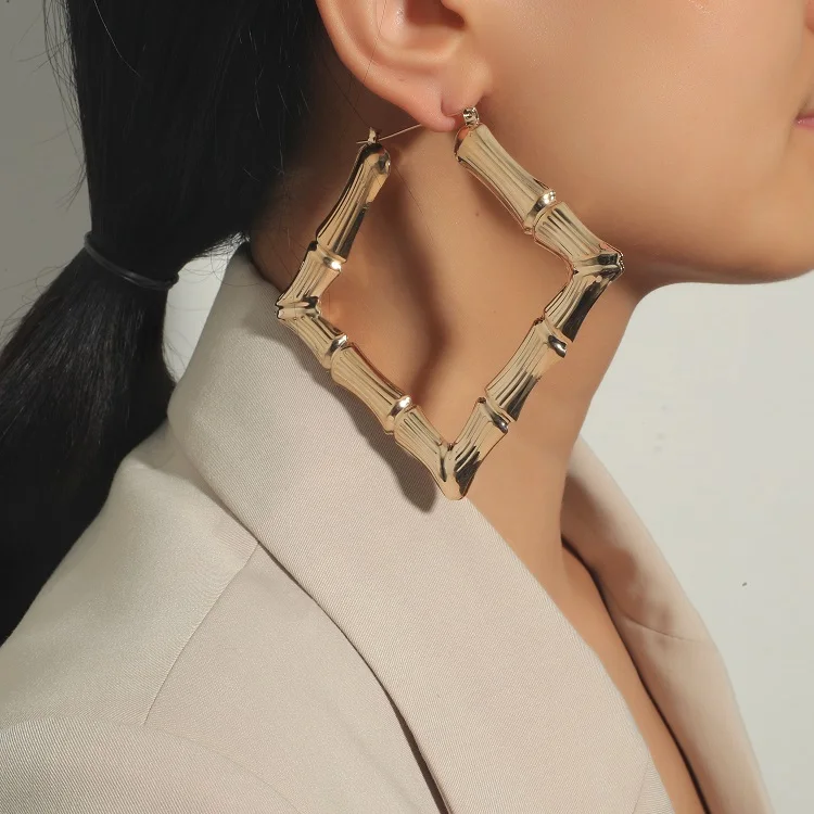 

Exaggerated Bamboos Shape Earrings Geometric Square Gold Chunky Hoop Boho Earring