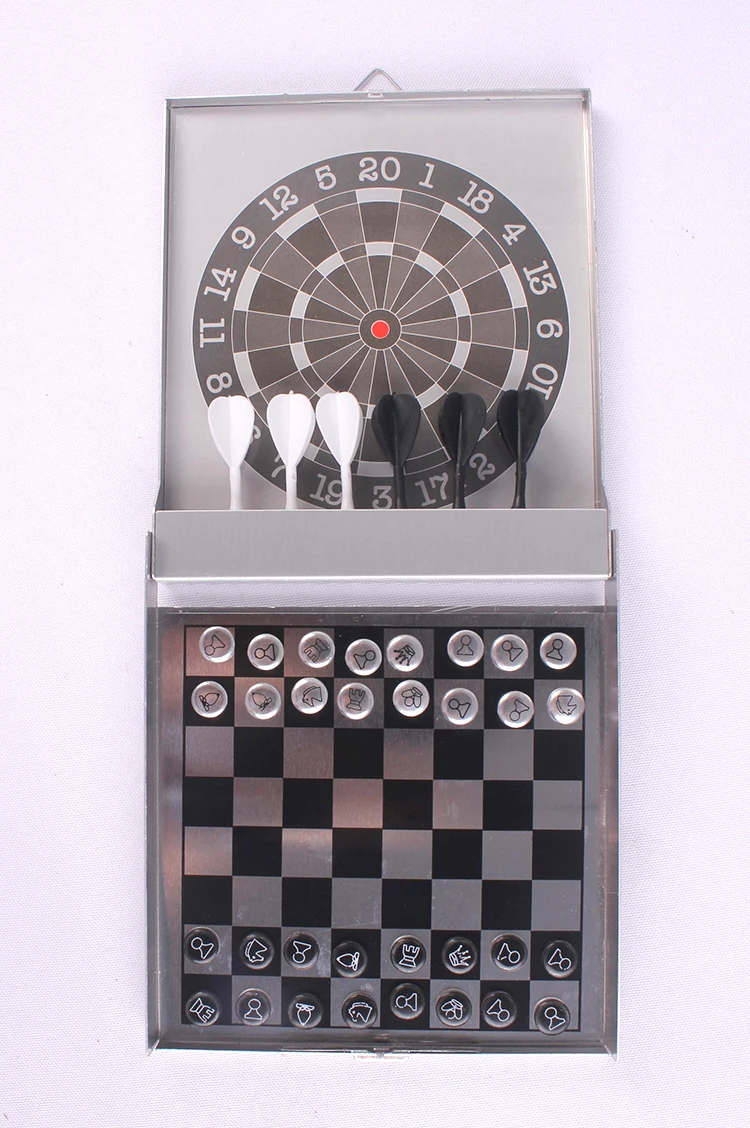 Kids Mini Dart Toy 2 In 1 Traveling Aluminium Darts And Chess/tic Tac Toe/backgammon