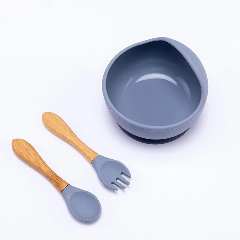 

2021 New color Customize Hot Kids Food Suction Bowl Set Cutlery Bowl Spoons Forks Set Silicone Feeding Tableware 3pcs