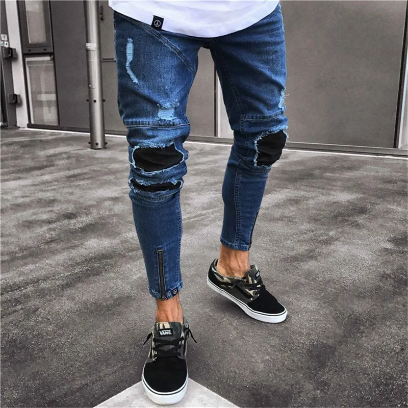 

Men Clothes 2020 Hip Hop Sweatpants Skinny Motorcycle Denim Pants Zipper Designer Black Jeans Mens Casual Men Jeans Trousers, Black bule