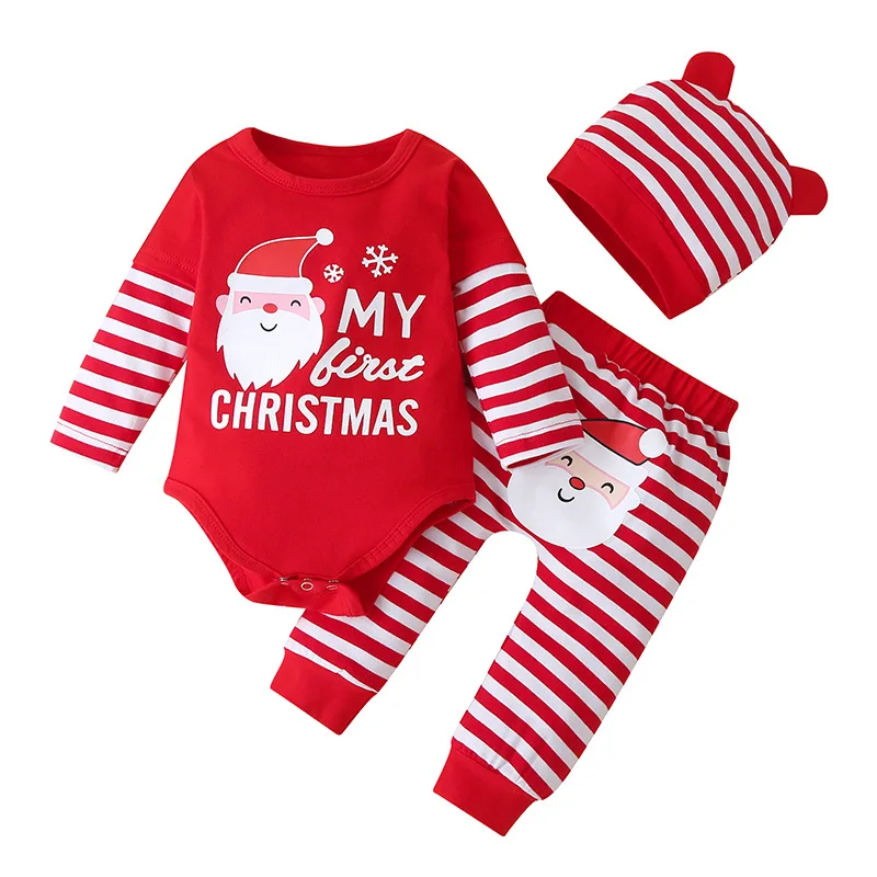 

Wholesale Baby Romper Clothes Newborn Winter Warm Bodysuit Christmas Strips T-shirt Top and Pants Three-piece Suit, Red