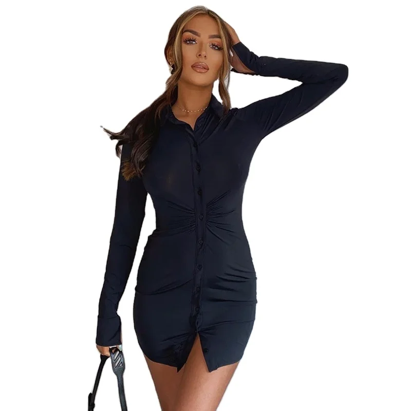 

2021 new black shirt casual dress split long-sleeved tight-fitting dress women's lapel single-breasted basic one-piece blouse