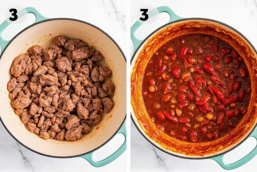 Step-by-step preparation of beanless chili showing meat browning and chili pepper rehydration