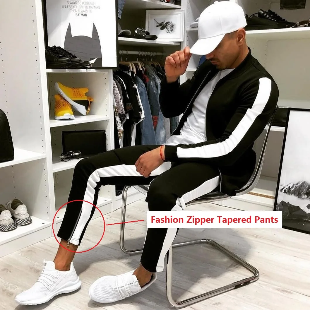 

wholesale custom logo men fashion sport wear tracksuit two piece jacket and zipper tapered pant set jogging sweatsuit, Black,red oem or colors